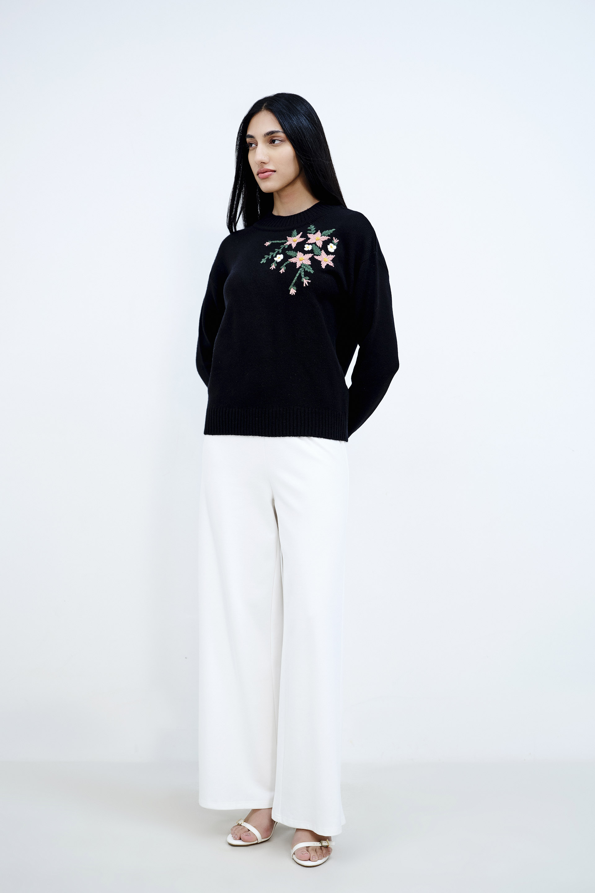 Floral Embroidery Black Sweater, Black, image 4